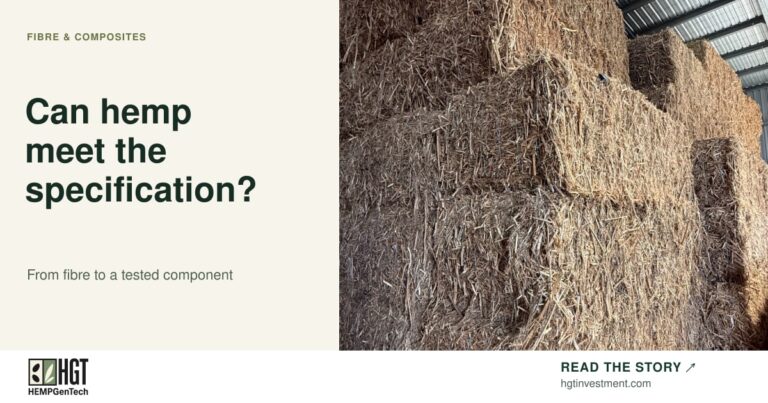Baled stalk material stacked inside a building. HEMPGenTech article card: Can hemp meet the specification?