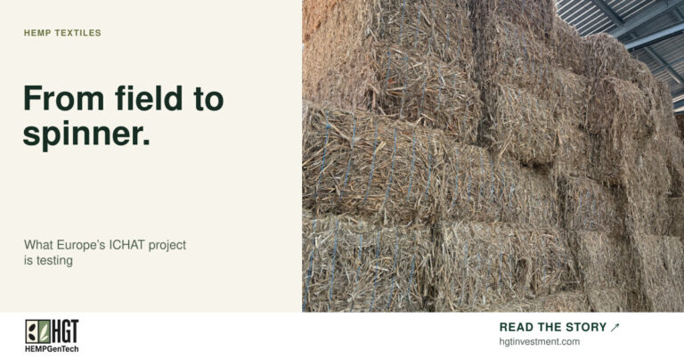 Baled hemp stalk material in storage. HEMPGenTech article card: From field to spinner.